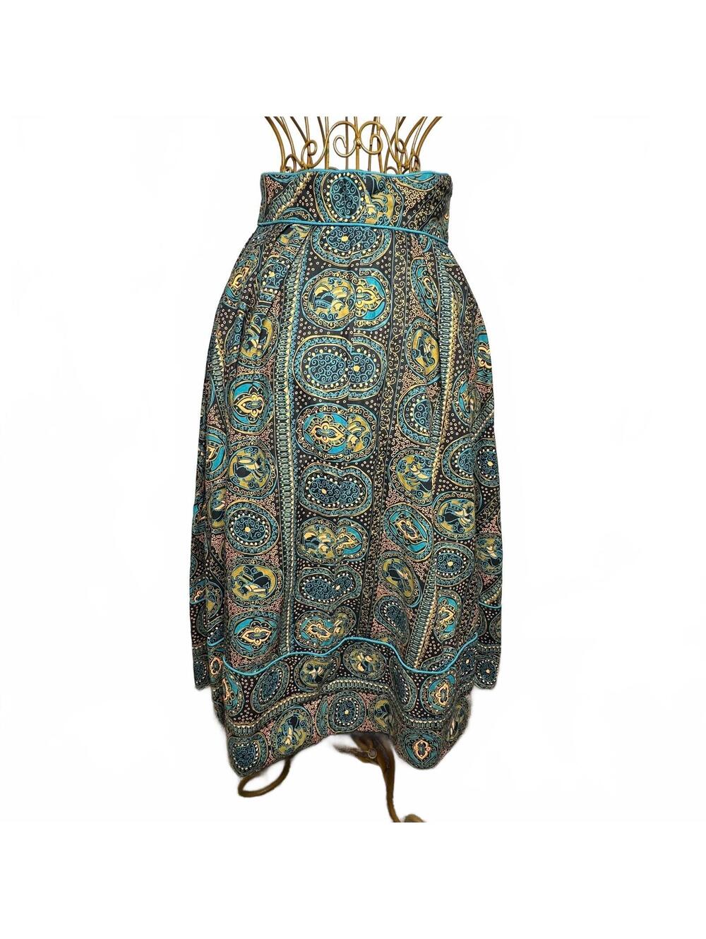 Vintage Style Boho Paisley Medallion High Waist Full Maxi Skirt Teal Black